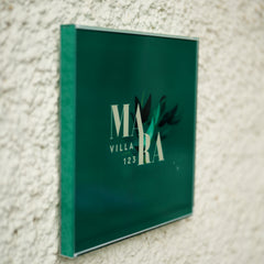 Custom Acrylic Villa Home Name Board – Green Background with UV Print & Leaf Design
