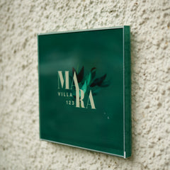 Custom Acrylic Villa Home Name Board – Green Background with UV Print & Leaf Design