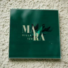Custom Acrylic Villa Home Name Board – Green Background with UV Print & Leaf Design