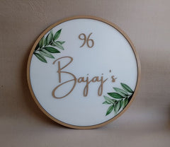 Round Acrylic Home Name Board with Green Leaf Print and Gold Letters – Custom House Sign