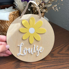 Custom Round Name Plate – Rubberwood Sign Board with Acrylic Flower