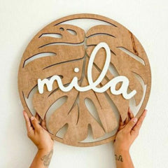 Handcrafted Wooden Monstera Leaf Home Name Board