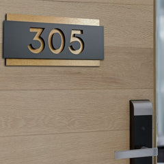 Minimalist Black Acrylic Door Number Plate on Rubberwood Base
