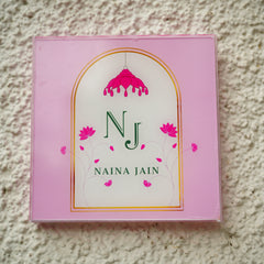 Pink Acrylic Name Board – Lotus Floral UV Print with Arch Design