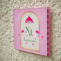 Pink Acrylic Name Board – Lotus Floral UV Print with Arch Design