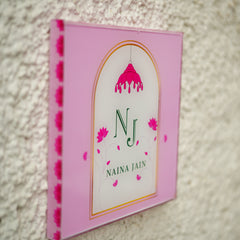 Pink Acrylic Name Board – Lotus Floral UV Print with Arch Design