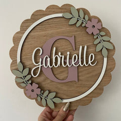 Floral Wooden Home Name Board with 3D Letters – Custom Round Family Sign Plate
