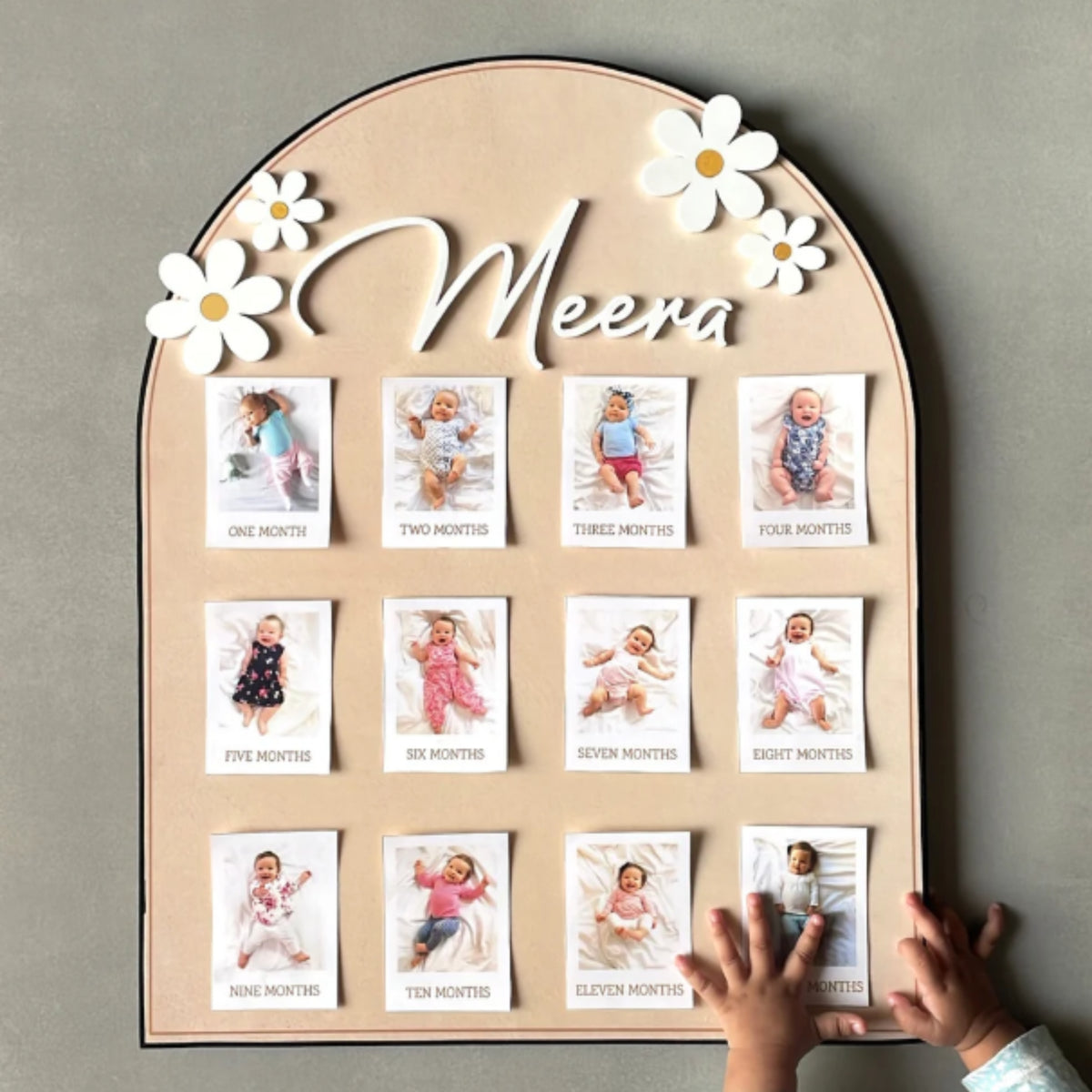 12-Month Baby Photo Milestone Board – Rubberwood with WPC Name & Flowers