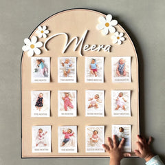 12-Month Baby Photo Milestone Board – Rubberwood with WPC Name & Flowers