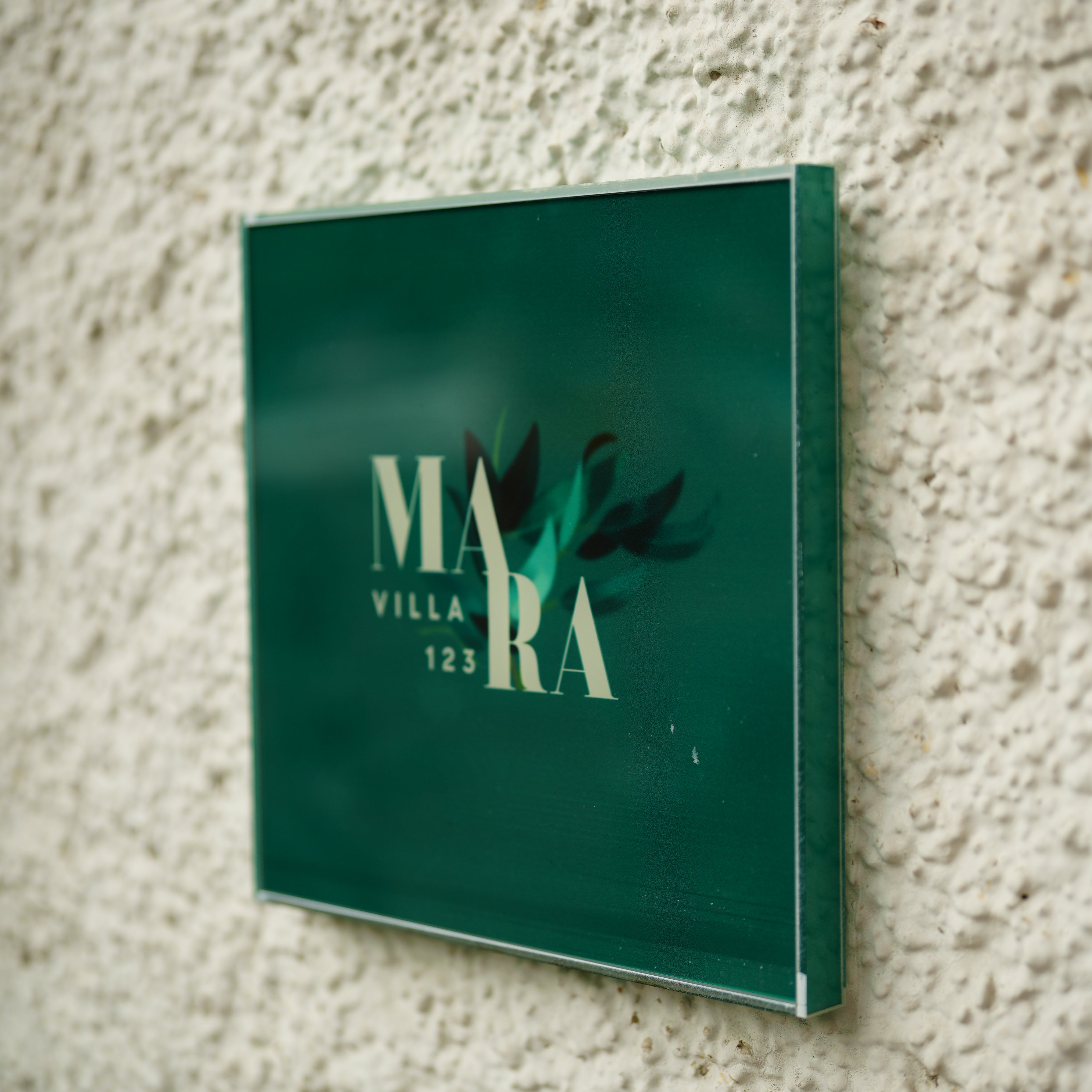 Custom Acrylic Villa Home Name Board – Green Background with UV Print & Leaf Design