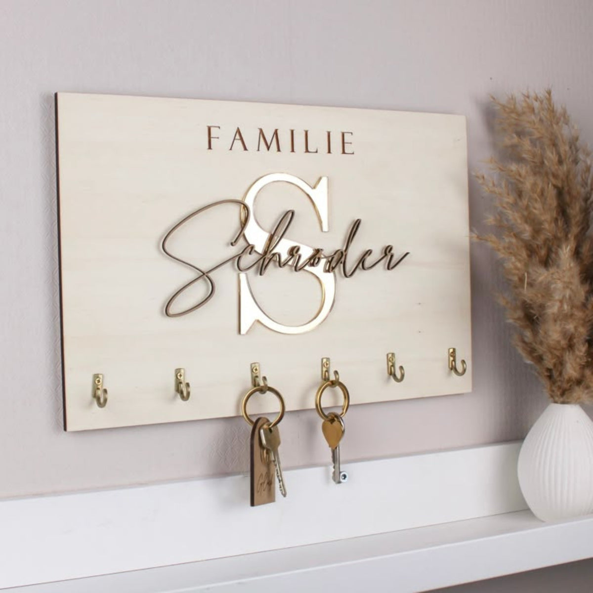 Personalized Wooden Family Name Key Holder with Gold Acrylic Letters