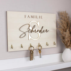 Personalized Wooden Family Name Key Holder with Gold Acrylic Letters